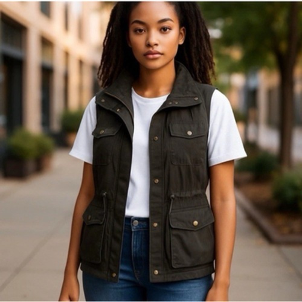 Love Tree Utility Vest Womens Medium Olive Green Cargo Cotton Snap-Button